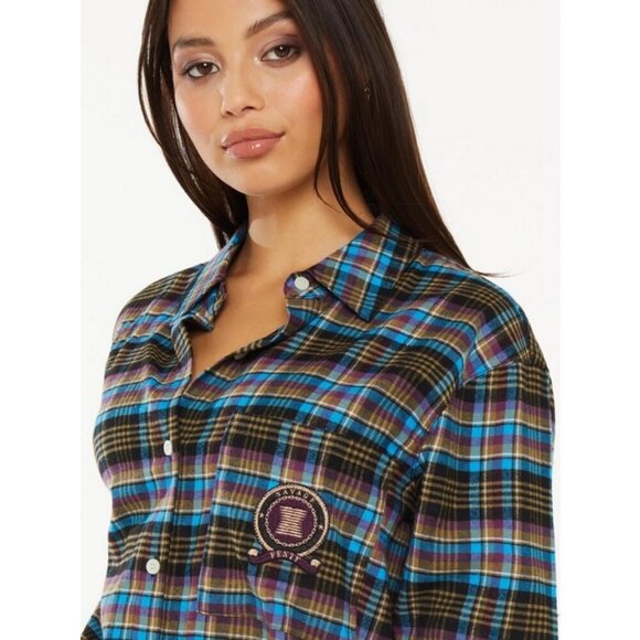 💕SAVAGE x FENTY💕 Tied-Up Tartan PJ Raw Hem Sleep Shirt Blue Plaid Small S NWT - Picture 9 of 16